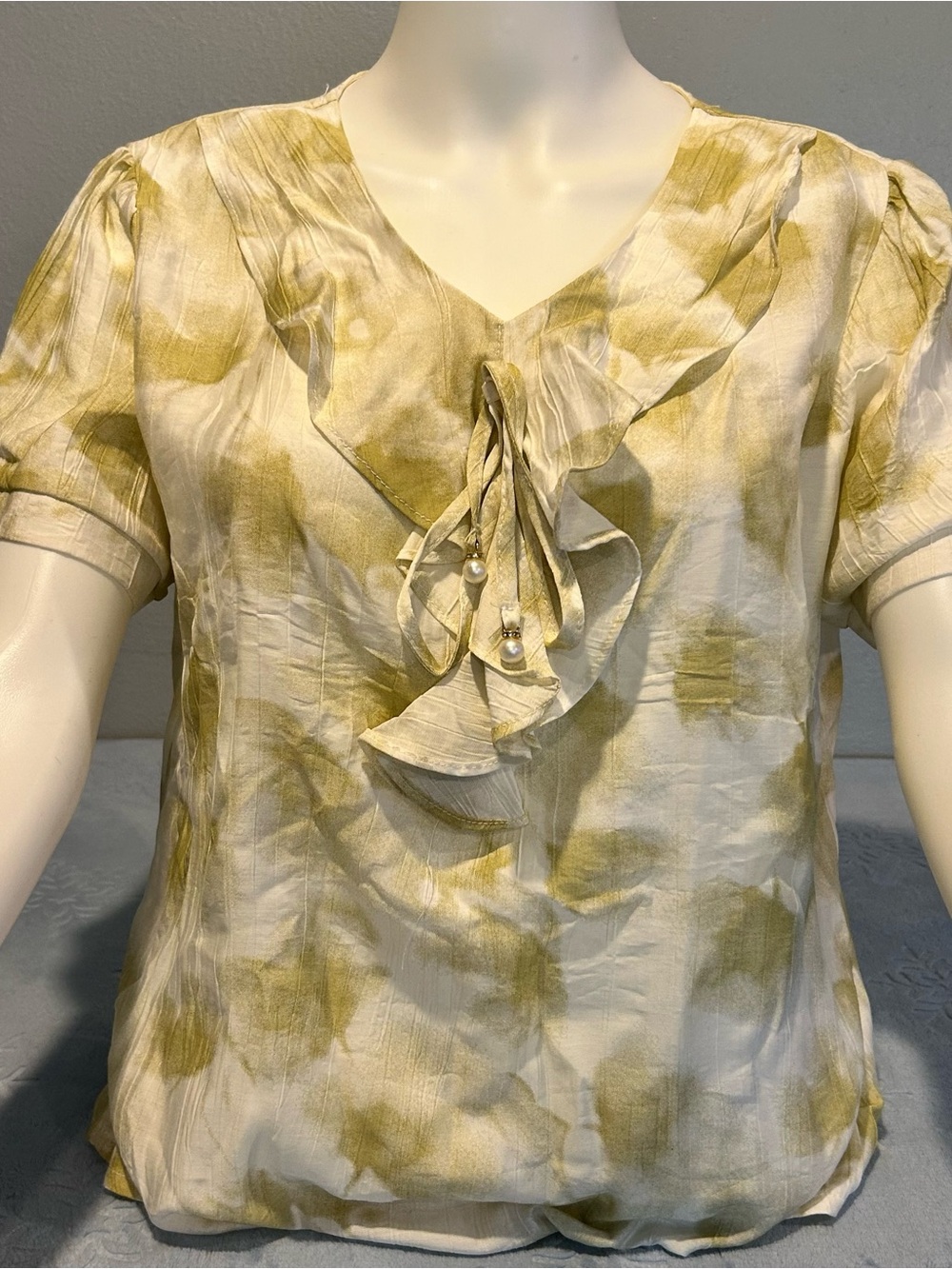 Chartreuse Tie Dye Ruffle V-Neck Blouse - Large